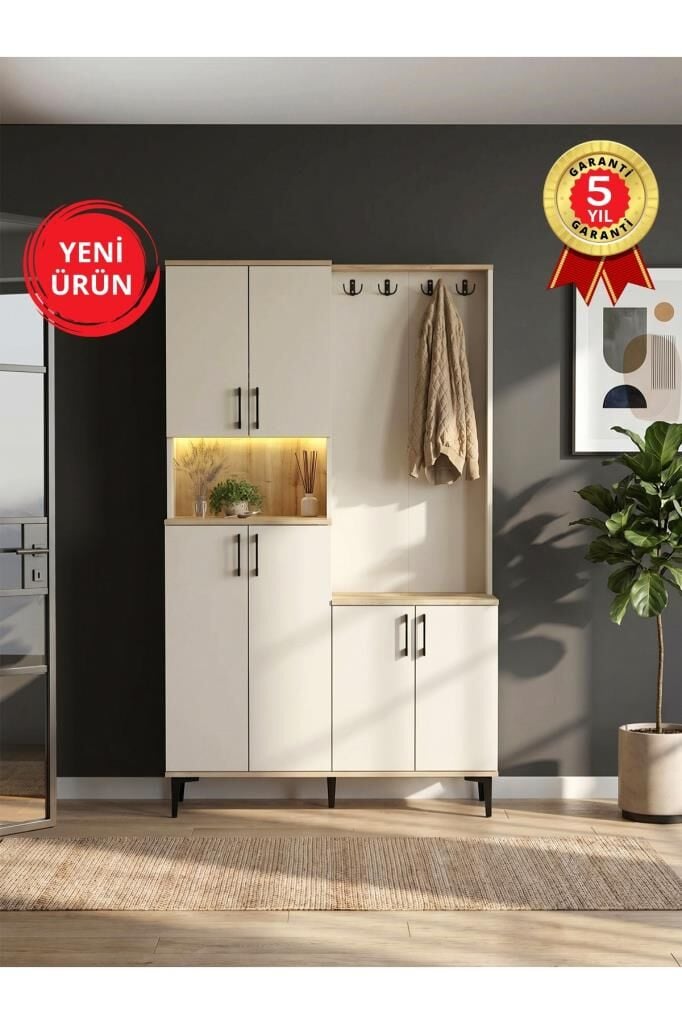 Led Işıklı Portmanto, 6 Kapaklı Raflı 120 cm Vestiyer, LED'li Portmanto Ayakkabılık Kumtaşı-Safir | Tripolis