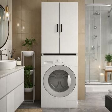 Ternos Çok Amaçlı Çamaşır Makinesi Dolabı 3 Raflı Kapaklı Banyo Dolabı Beyaz