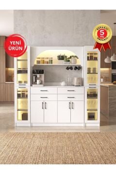 Led Işıklı Temperli Cam Kapaklı Kahve Köşesi – 4 Çekmeceli 8 Kapaklı Çok Amaçlı Mutfak ve Kiler Dolabı Beyaz 190 cm | Sardes120 & 2*Didima