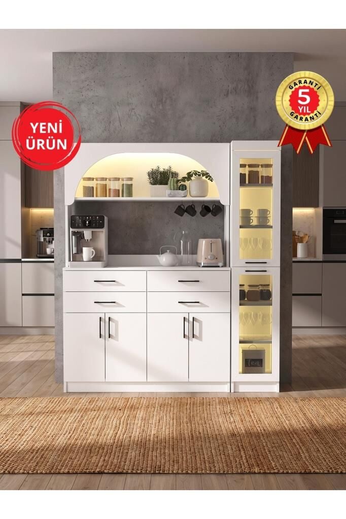 Led Işıklı Temperli Cam Kapaklı Kahve Köşesi – 4 Çekmeceli 6 Kapaklı Çok Amaçlı Mutfak ve Kiler Dolabı Beyaz 155 cm | Sardes120 & Didima