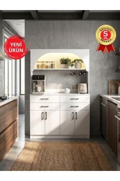 Led Işıklı Kahve Köşesi – 4 Çekmeceli 4 Kapaklı Çok Amaçlı Mutfak ve Kiler Dolabı Beyaz 120 cm | Sardes