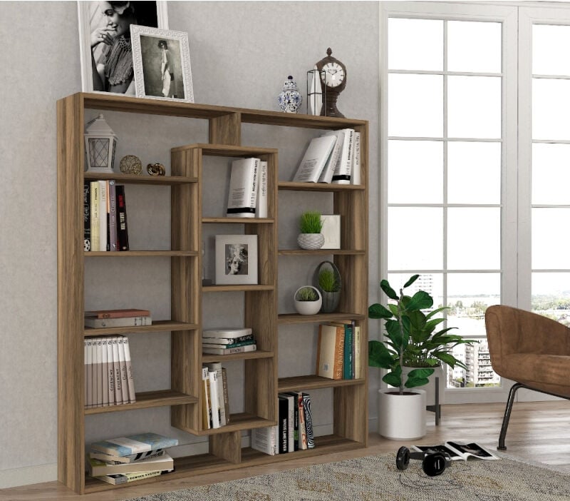 Dekorister Ample Ceviz Kitaplık - 5 Raflı Dekoratif Çok Amaçlı Ev ve Ofis Kitaplığı