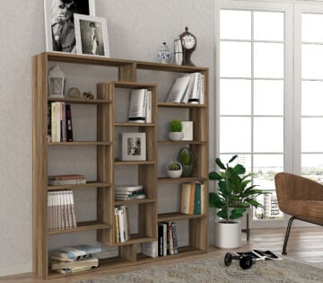 Dekorister Ample Ceviz Kitaplık - 5 Raflı Dekoratif Çok Amaçlı Ev ve Ofis Kitaplığı
