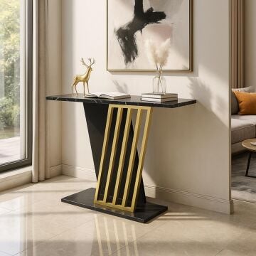 Dekorister Gravity Siyah Mermer Desenli Gold Metal Dresuar - Modern Antre/Hol Konsolu
