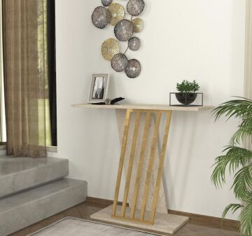 Dekorister Gravity Traverten Desenli Gold Metal Dresuar - Modern Antre/Hol Konsolu