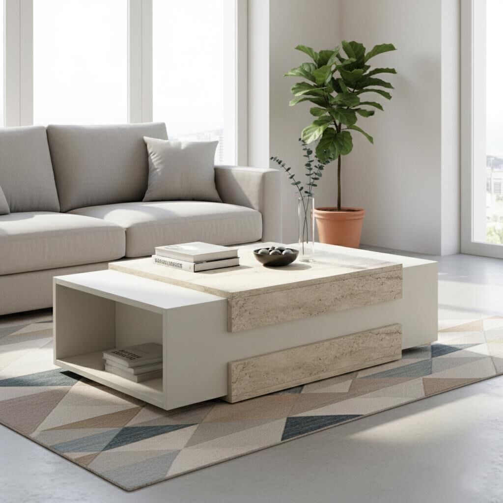 Dekorister Nora Kumtaşı Traverten Desenli Orta Sehpa - Modern Salon ve Oturma Odası Sehpası