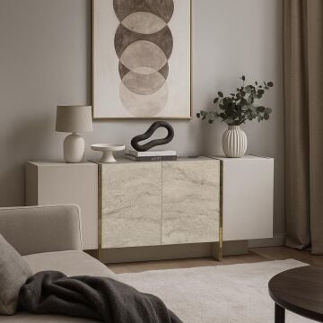 Dekorister Veyron Kumtaşı Traverten Desenli Konsol - Modern Şık Salon Dolabı / Çok Amaçlı Depolama Ünitesi
