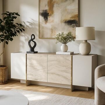 Dekorister Veyron Kumtaşı Traverten Desenli Konsol - Modern Şık Salon Dolabı / Çok Amaçlı Depolama Ünitesi