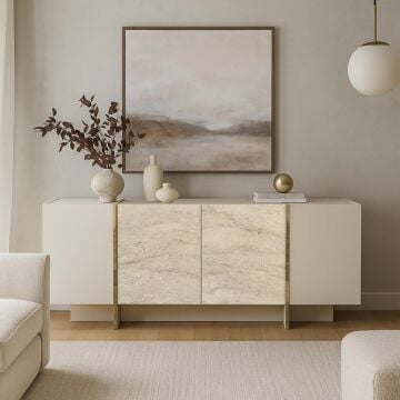 Dekorister Veyron Kumtaşı Traverten Desenli Konsol - Modern Şık Salon Dolabı / Çok Amaçlı Depolama Ünitesi