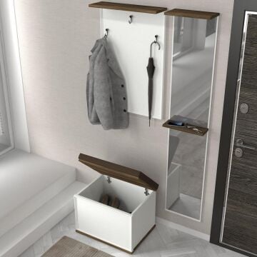 Lonya Aynalı Sandıklı Puflu Portmanto Beyaz-Ceviz