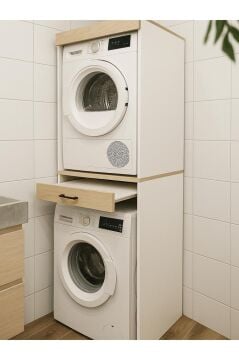 Dorpek Fika Çamaşır ve Kurutma Makinesi Dolabı Çok Amaçlı Dolap Banyo Dolabı Beyaz-Rota