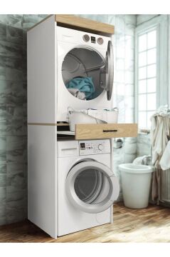 Dorpek Fika Çamaşır ve Kurutma Makinesi Dolabı Çok Amaçlı Dolap Banyo Dolabı Beyaz-Rota