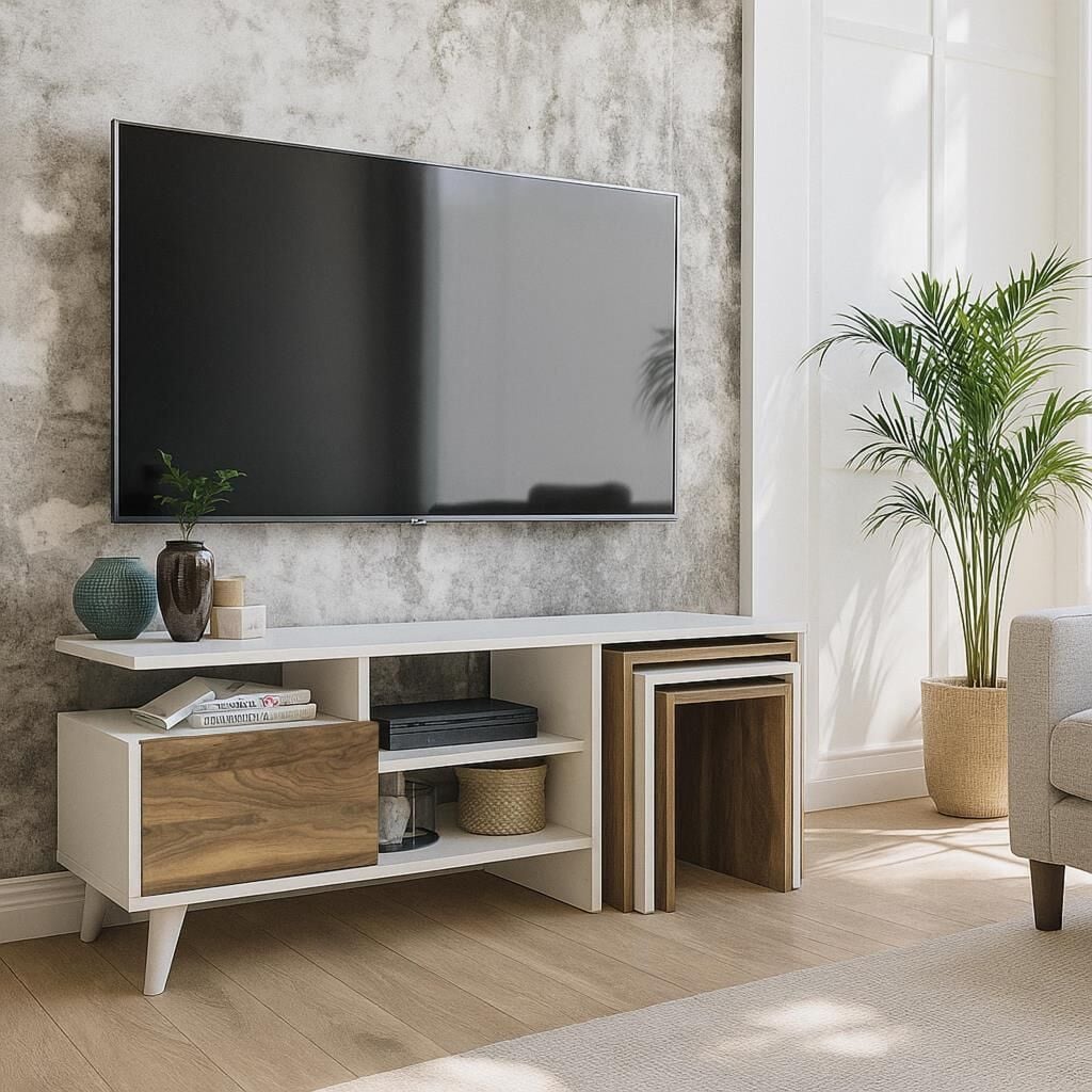 Dekorister Nature Zigon Sehpalı Tv Ünitesi/Düşer Kapaklı Raflı Tv Sehpası - Beyaz Ceviz