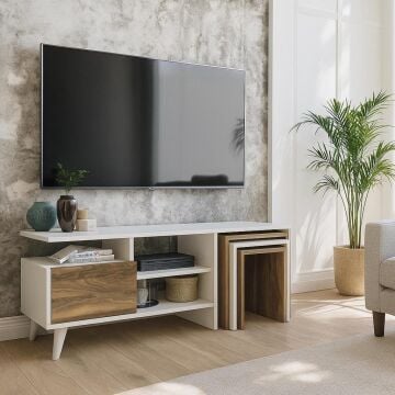 Dekorister Nature Zigon Sehpalı Tv Ünitesi/Düşer Kapaklı Raflı Tv Sehpası - Beyaz Ceviz