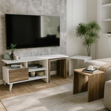 Dekorister Nature Zigon Sehpalı Tv Ünitesi/Düşer Kapaklı Raflı Tv Sehpası - Beyaz Ceviz