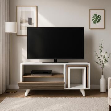 Dekorister Novella K2 Sehpalı Tv Ünitesi / Düşer Kapaklı Raflı Tv Sehpası - Beyaz Ceviz