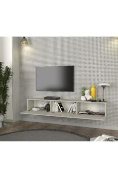 Led Li Işıklı Tv Ünitesi 180 Cm - Kumtaşı Renk, Modern, Geniş, Raflı Tasarım - Tv Sehpası | Cercei