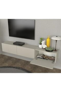 Led Li Işıklı Tv Ünitesi 180 Cm - Kumtaşı Renk, Modern, Geniş, Raflı Tasarım - Tv Sehpası | Cercei