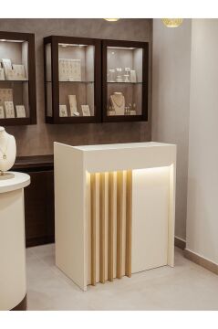 Dorpek Karibu Ledli Karşılama Bankosu 110 cm Ofis Kasa Resepsiyon Masası Kumtaşı - Sepet