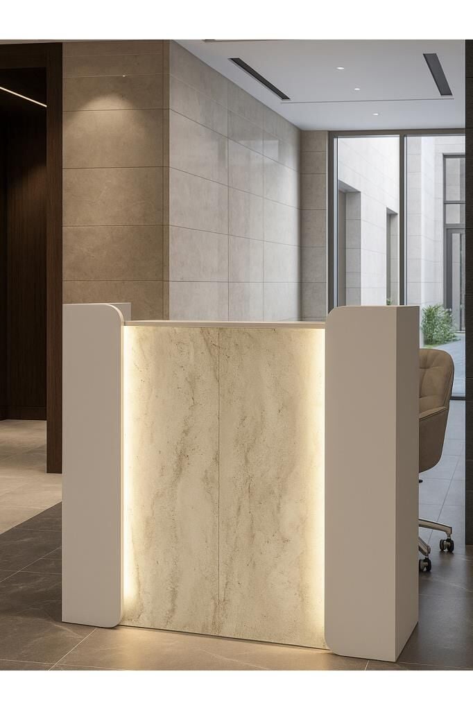 Ledli Karşılama Bankosu 110 cm Ofis Kasa Resepsiyon Masası Kumtaşı - Traverten | Passione