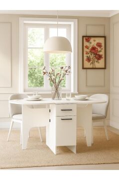 Dorpek Pimora Katlanır Çekmeceli Yemek Masası Pratik Açılır Kapanır Masa Beyaz