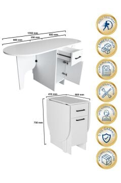 Dorpek Pimora Katlanır Çekmeceli Yemek Masası Pratik Açılır Kapanır Masa Beyaz