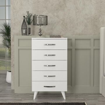 Dekorister Cemre Beyaz Şifonyer - 5 Çekmeceli Çok Amaçlı Komodin ve Çekmeceli Dolap