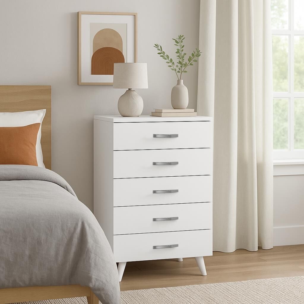 Dekorister Cemre Beyaz Şifonyer - 5 Çekmeceli Çok Amaçlı Komodin ve Çekmeceli Dolap