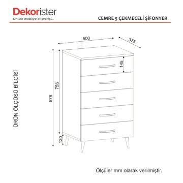Dekorister Cemre Beyaz Ceviz Şifonyer - 5 Çekmeceli Çok Amaçlı Komodin ve Çekmeceli Dolap