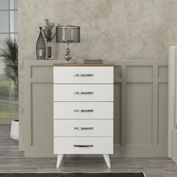 Dekorister Cemre Beyaz Ceviz Şifonyer - 5 Çekmeceli Çok Amaçlı Komodin ve Çekmeceli Dolap