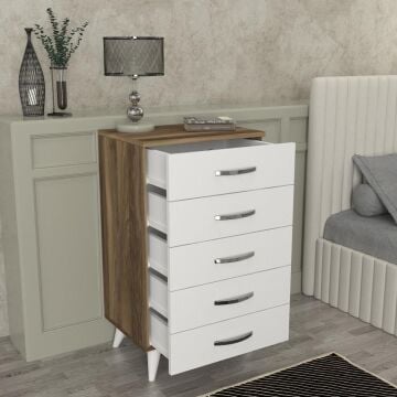 Dekorister Cemre Beyaz Ceviz Şifonyer - 5 Çekmeceli Çok Amaçlı Komodin ve Çekmeceli Dolap