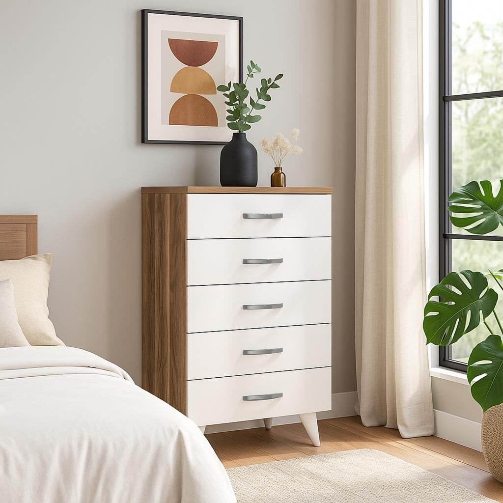 Cemre 5 Çekmeceli Şifonyer Beyaz-Ceviz