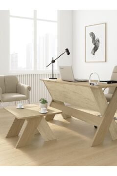 Dorpek Sora Ofis Takımı Ofis Masa ve Sehpa Seti Rota - Traverten