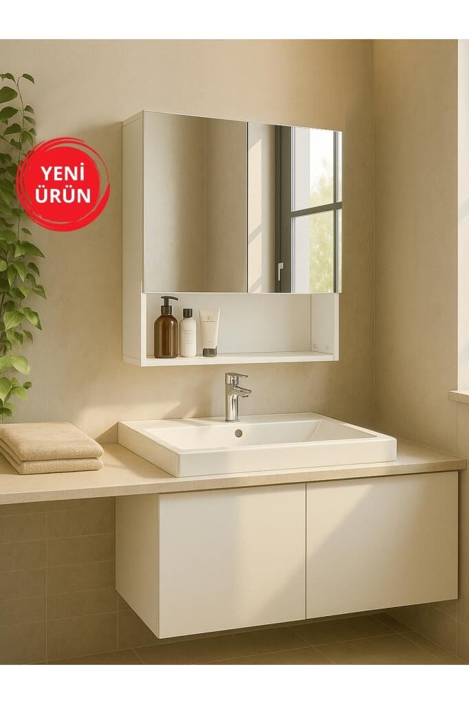 Dorpek Trama Aynalı Banyo Üst Dolabı 3 Raflı Çok Amaçlı Dolap Beyaz