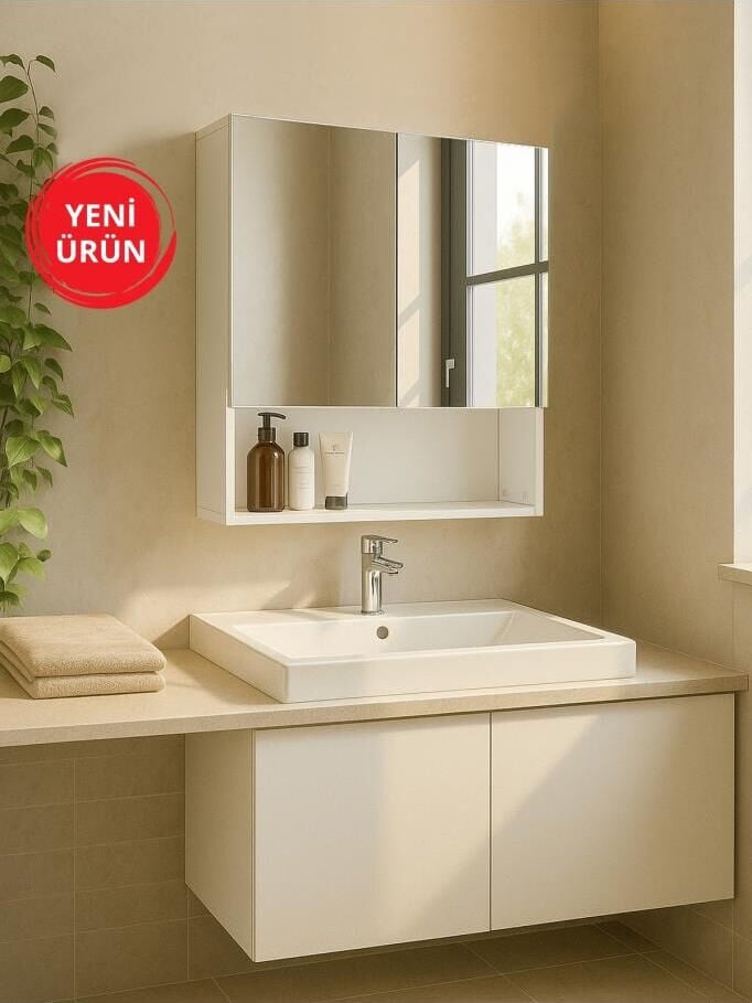Dorpek Trama Aynalı Banyo Üst Dolabı 3 Raflı Çok Amaçlı Dolap Beyaz