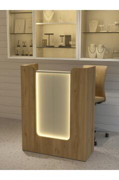 Dorpek Bode Ledli Karşılama Bankosu 110 cm Ofis Kasa Resepsiyon Masası Sepet-Kumtaşı