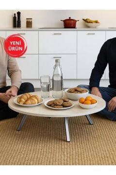 Dorpek Siny Katlanir Ayakli Yer Sofrasi Yuvarlak Hamur Açma Sunum Masası 90x90cm Traverten
