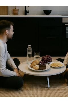 Dorpek Siny Katlanir Ayakli Yer Sofrasi Yuvarlak Hamur Açma Sunum Masası 90x90cm Traverten