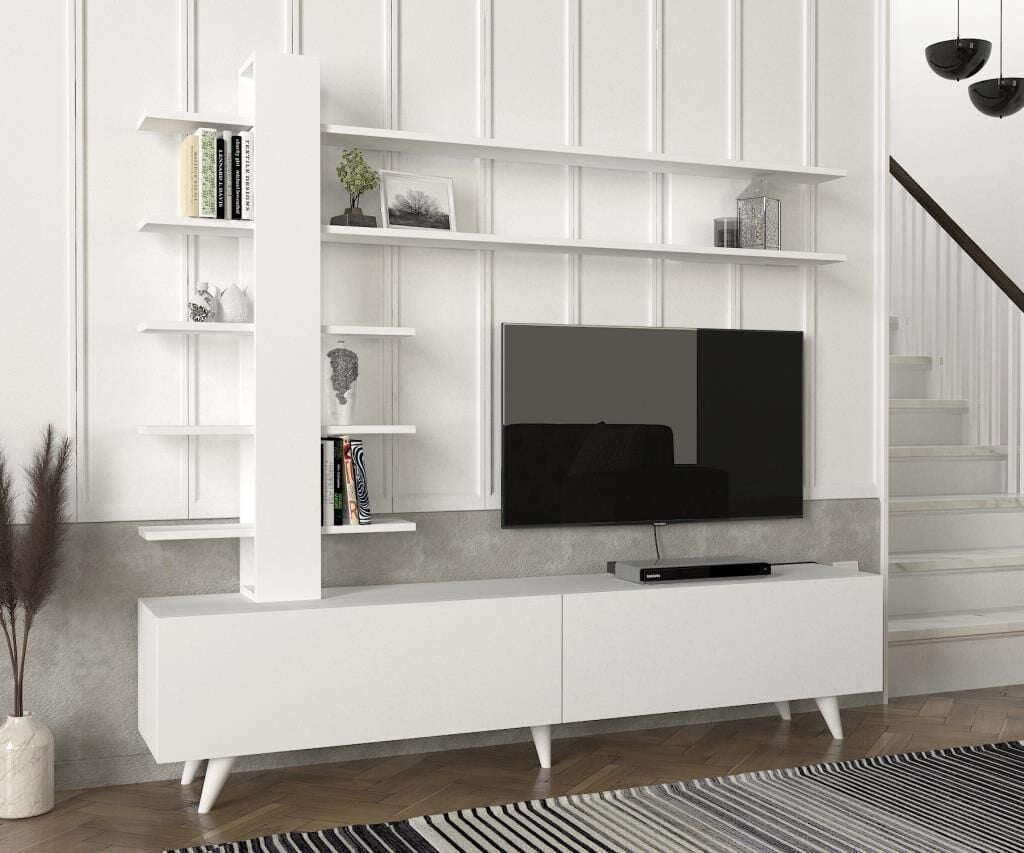 Dekorister Aleyna Duvar Raflı Kitaplıklı Tv Ünitesi Beyaz