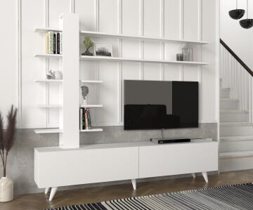 Aleyna Duvar Raflı Kitaplıklı Tv Ünitesi Beyaz