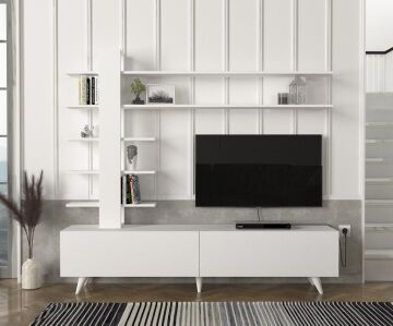 Aleyna Duvar Raflı Kitaplıklı Tv Ünitesi Beyaz