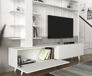 Dekorister Aleyna Duvar Raflı Kitaplıklı Tv Ünitesi Beyaz