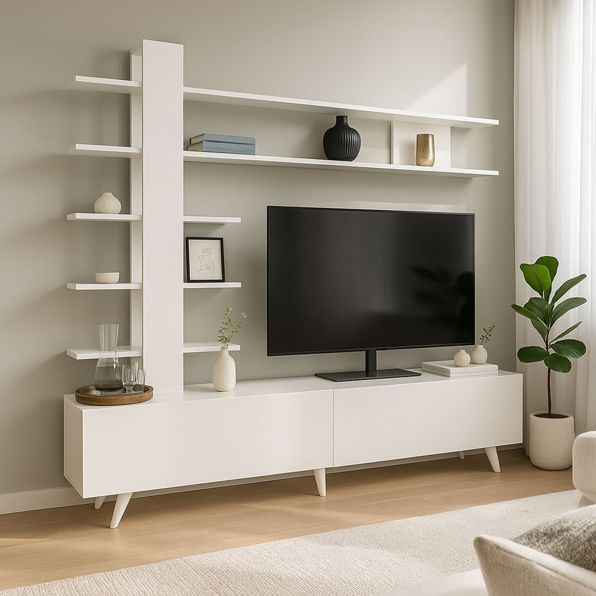 Aleyna Duvar Raflı Kitaplıklı Tv Ünitesi Beyaz