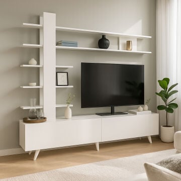 Aleyna Duvar Raflı Kitaplıklı Tv Ünitesi Beyaz