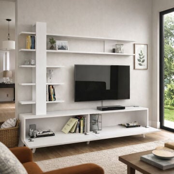 Aleyna Duvar Raflı Kitaplıklı Tv Ünitesi Beyaz