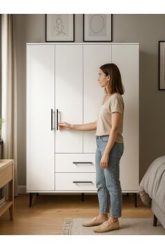 Dorpek Nuna 4 Kapaklı 2 Çekmeceli Gardırop – 120 cm Genişlik Beyaz Elbise Dolabı