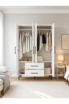 Dorpek Nuna 4 Kapaklı 2 Çekmeceli Gardırop – 120 cm Genişlik Beyaz Elbise Dolabı