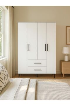 Dorpek Nuna 4 Kapaklı 2 Çekmeceli Gardırop – 120 cm Genişlik Beyaz Elbise Dolabı