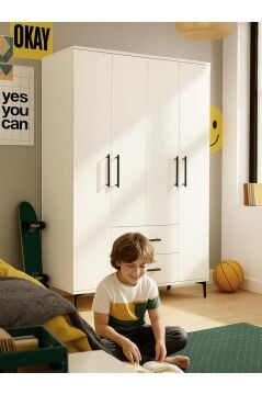 Dorpek Nuna 4 Kapaklı 2 Çekmeceli Gardırop – 120 cm Genişlik Beyaz Elbise Dolabı