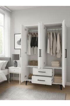 Dorpek Nuna 4 Kapaklı 2 Çekmeceli Gardırop – 120 cm Genişlik Beyaz Elbise Dolabı
